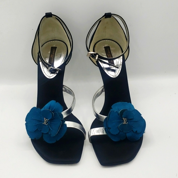 LOUIS VUITTON SIZE 39 OR US 9 COLOR BLACK SATIN SILVER LEATHER AQUA BLUE USED 2X - Picture 3 of 14